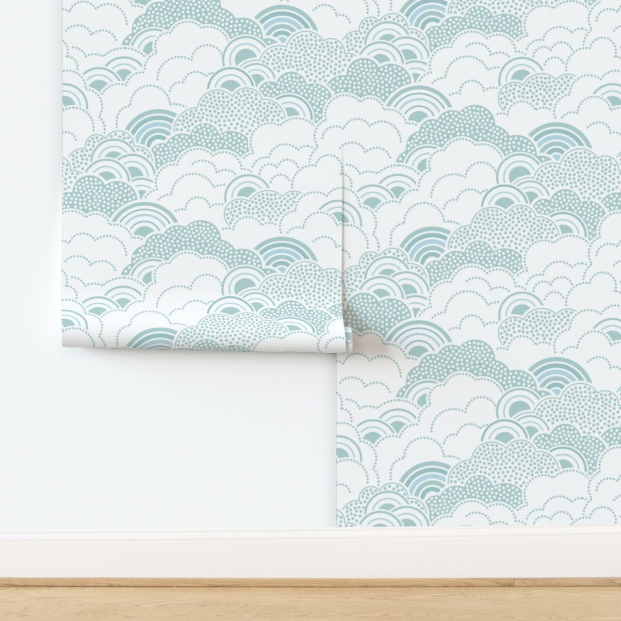 Nursery Clouds Baby Kids Dots Lines Monochromatic Gender Neutral Retro Vintage Sky Geometric Custom Pre-pasted Wallpaper by Spoonflower Pre-Pasted Wallpaper 2FT Wide